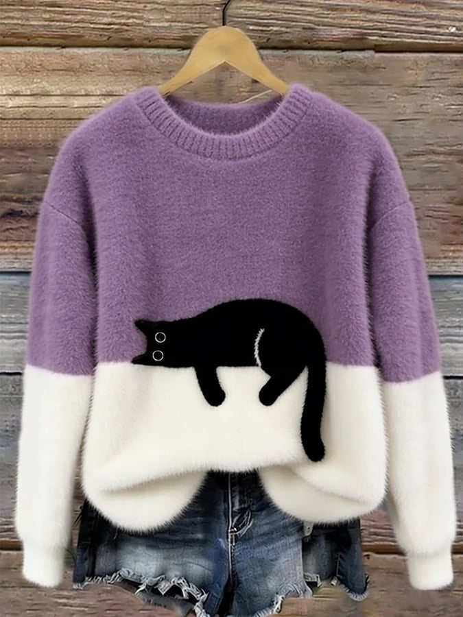 Filipa | Camisola de Malha Felpuda Mulher com Estampado de Gato
