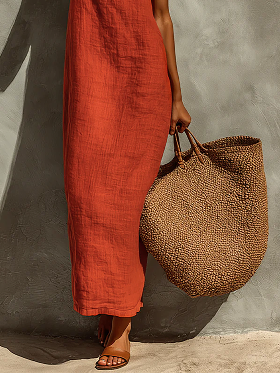 Vestido de Algodão com Alças Finas e Decote Quadrado, Estilo Boho-Resort Intemporal