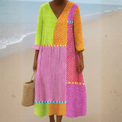 Isabel - Vestido de Retalhos Colorido com Bolinhas e Riscos