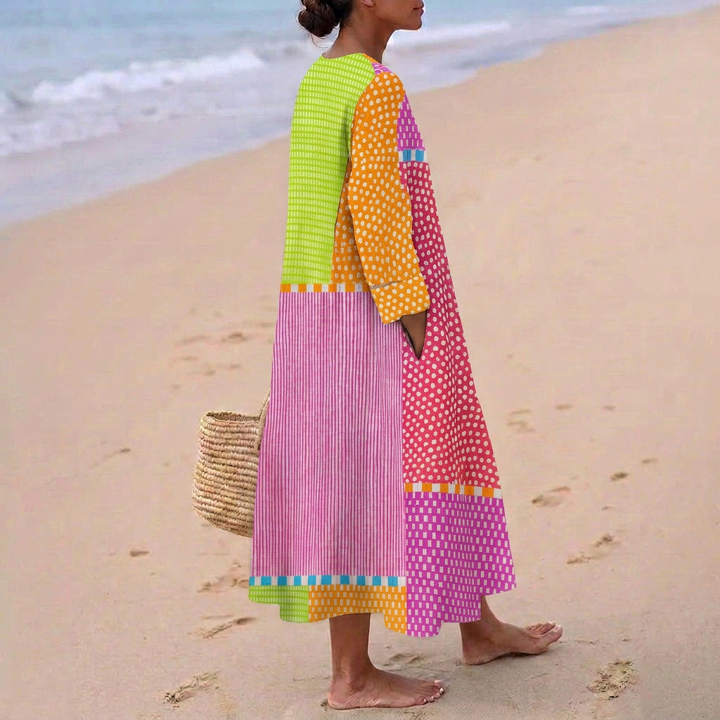 Isabel - Vestido de Retalhos Colorido com Bolinhas e Riscos