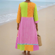 Isabel - Vestido de Retalhos Colorido com Bolinhas e Riscos