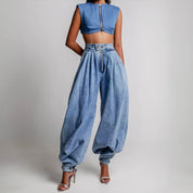 Helena | Jeans Balloon de Denim Cintura Alta Mulher Pregas
