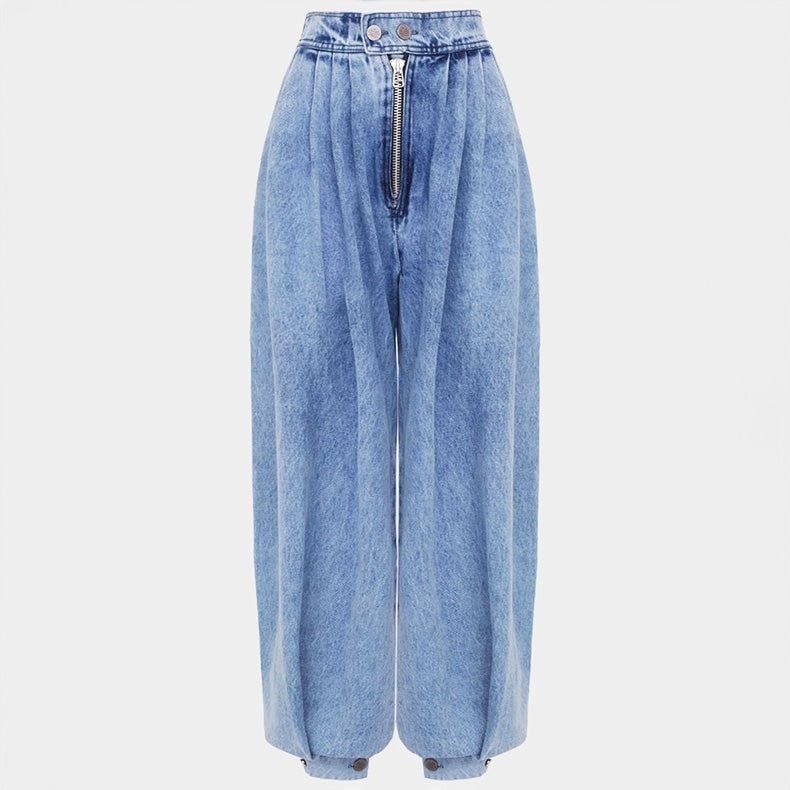 Helena | Jeans Balloon de Denim Cintura Alta Mulher Pregas