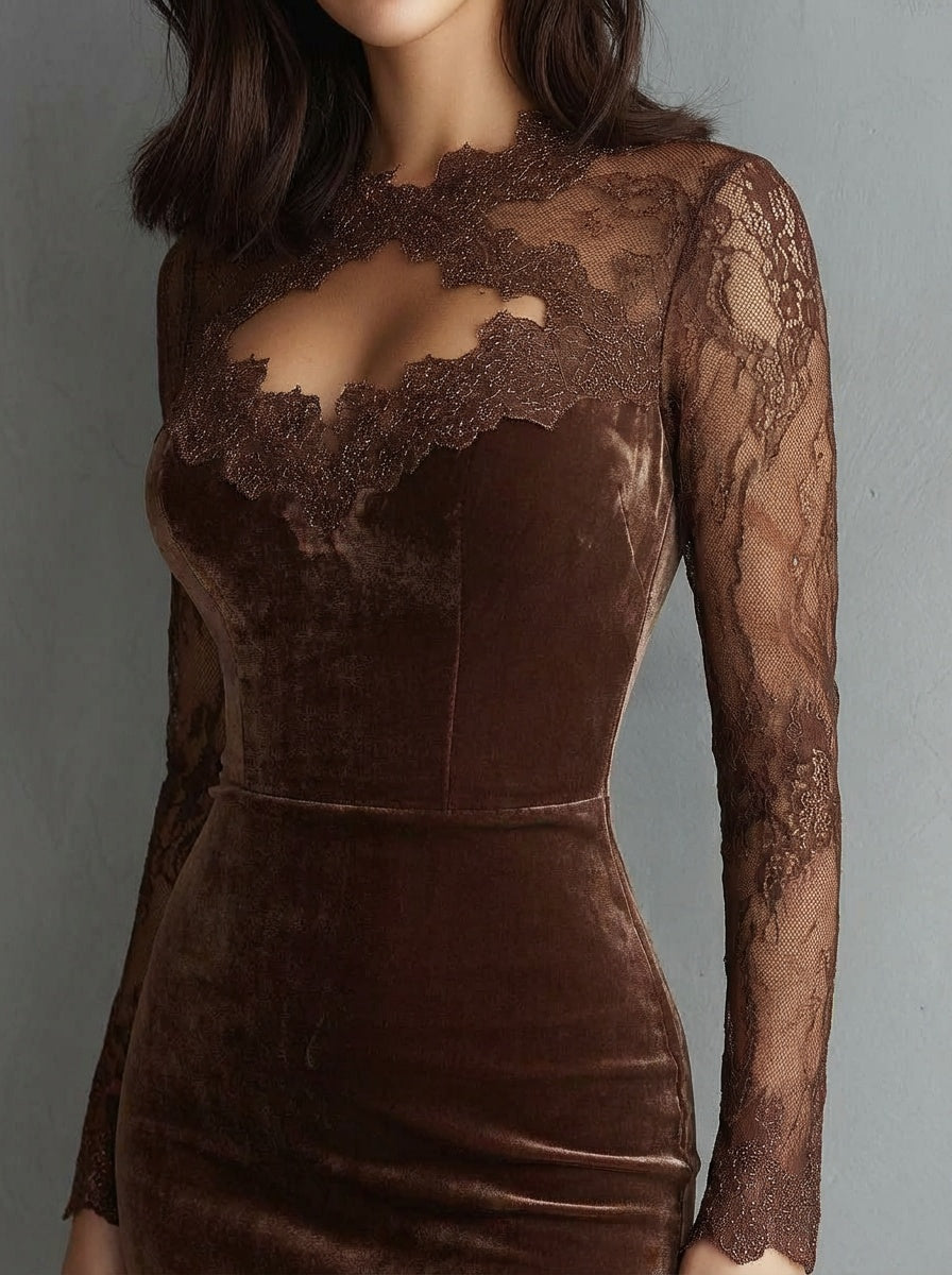 SOFIE | Robe Mini Velours Castanho com Renda Elegante