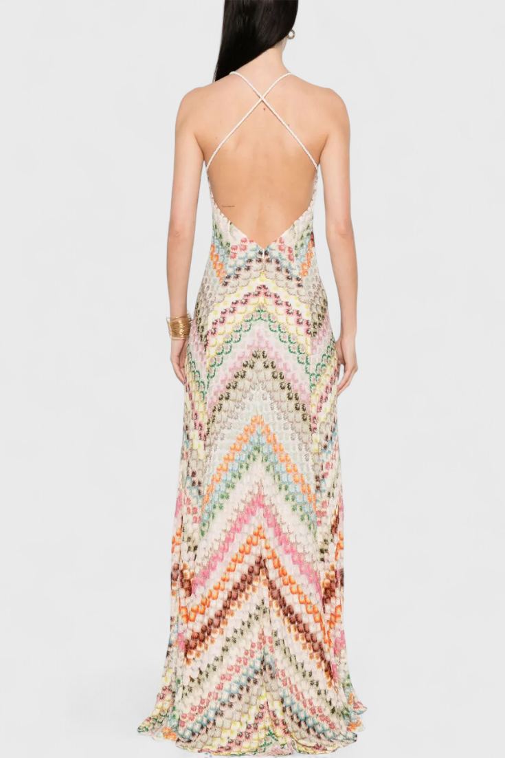 Agustina - Vestido longo de renda com decote em V e motivo em zigue-zague