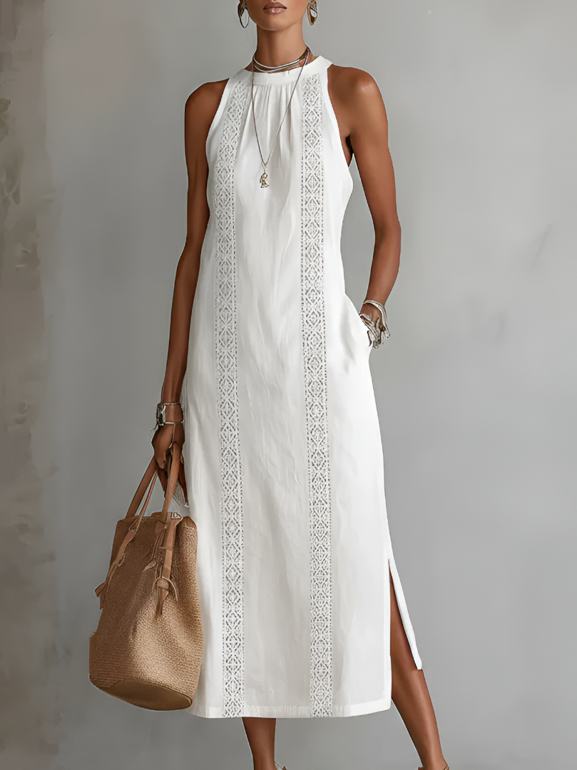 Leonor | Vestido Midi em Linho com Gola Mao