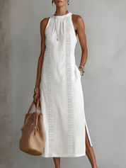 Leonor | Vestido Midi em Linho com Gola Mao