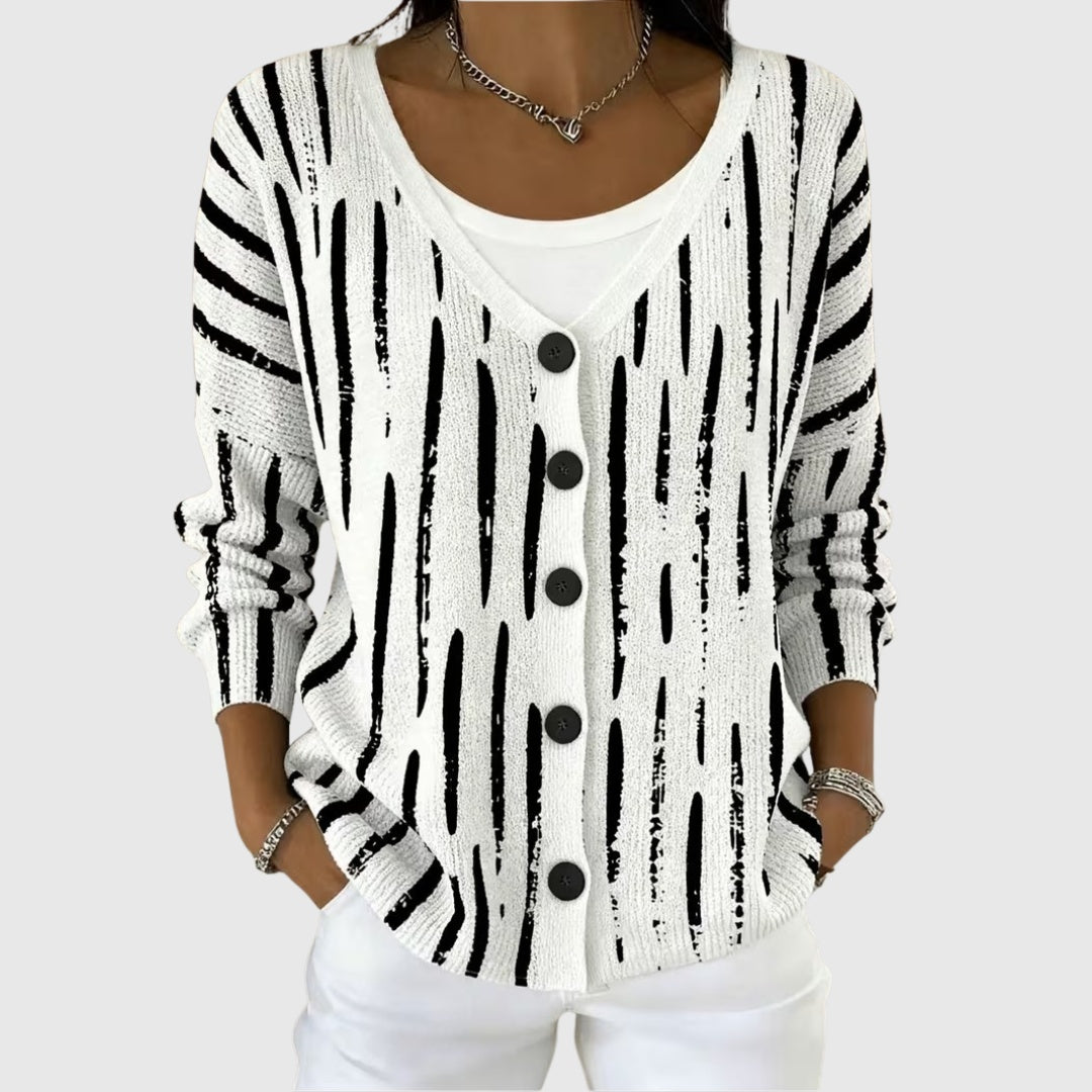 Inês | Camisola de Malha com Riscas Mulher Decote em V com Botões