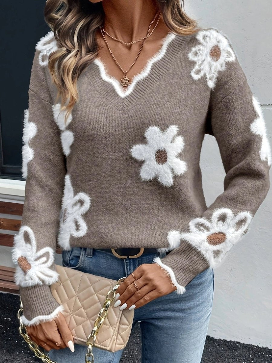 Inês | Camisola de Malha Floral Mulher Decote V Padrão Margaridas