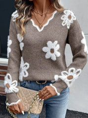 Inês | Camisola de Malha Floral Mulher Decote V Padrão Margaridas