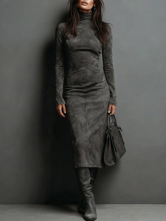 Ilaria - Vestido Midi em Suede com Gola Alta e Mangas Longas