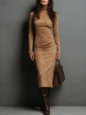 Ilaria - Vestido Midi em Suede com Gola Alta e Mangas Longas