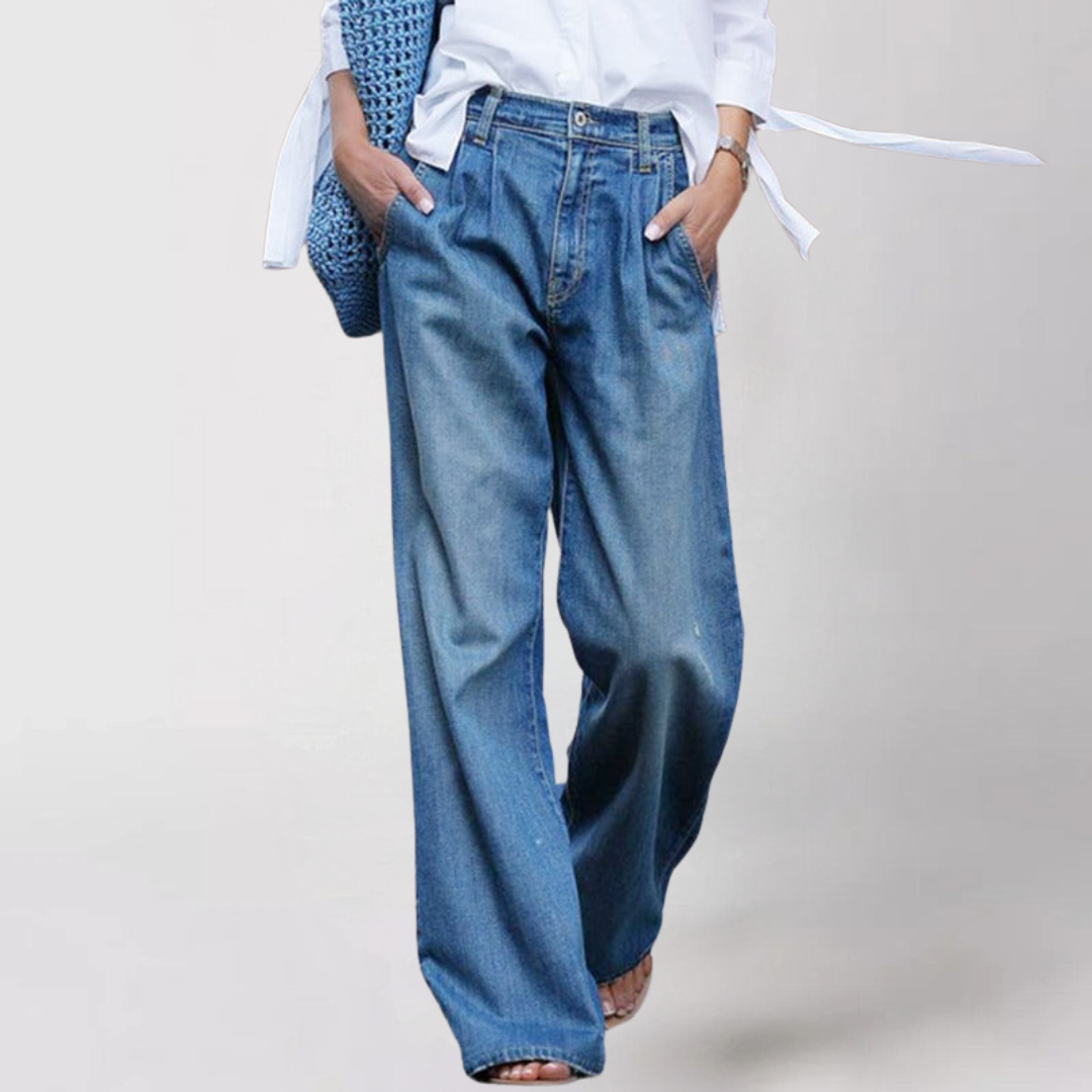 Joana | Jeans Perna Larga Cintura Alta Mulher Plissadas