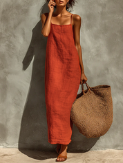 Vestido de Algodão com Alças Finas e Decote Quadrado, Estilo Boho-Resort Intemporal