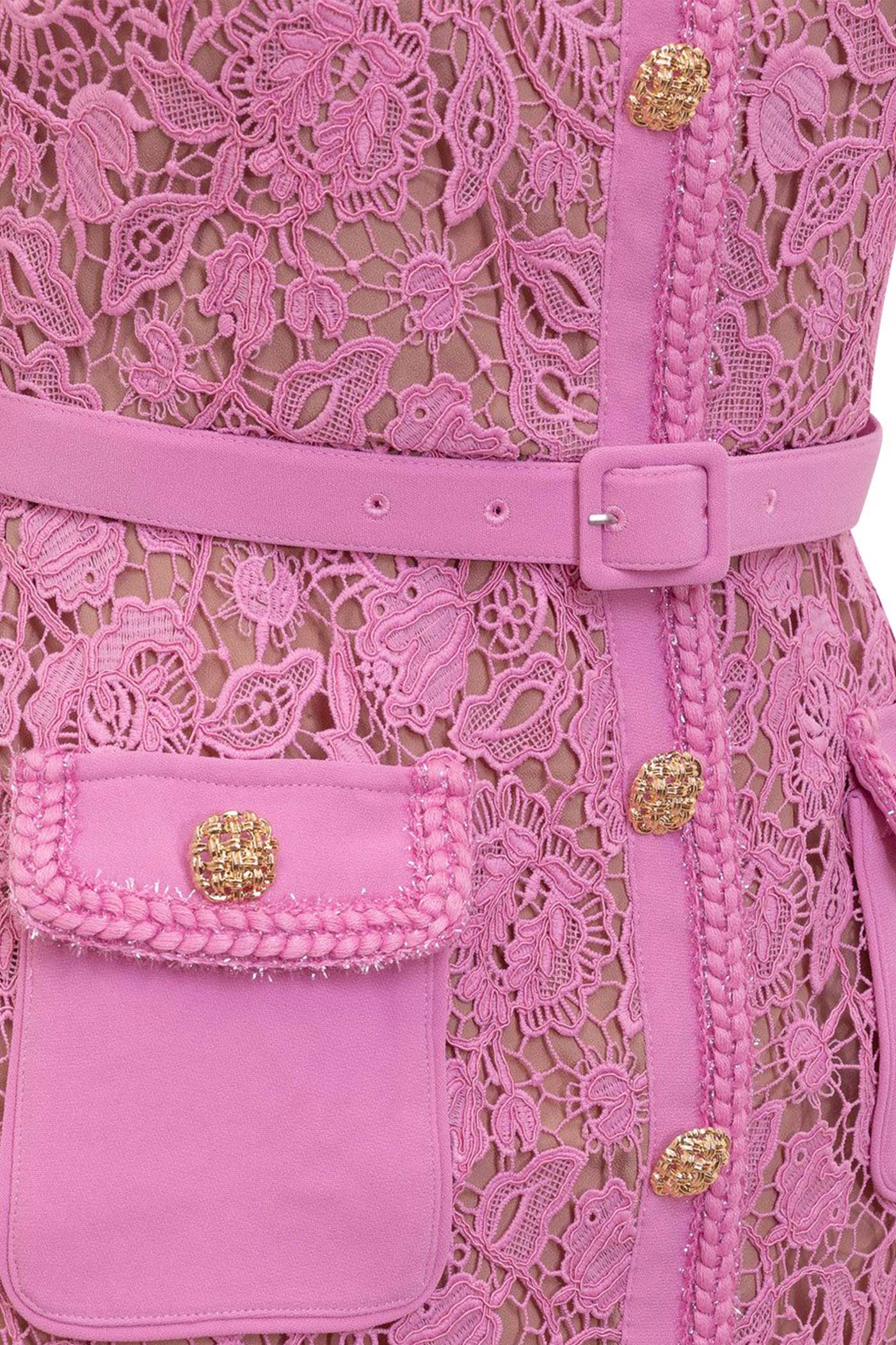 Inês | Vestido Midi de Renda Floral com Cintura Franzida — Rosa