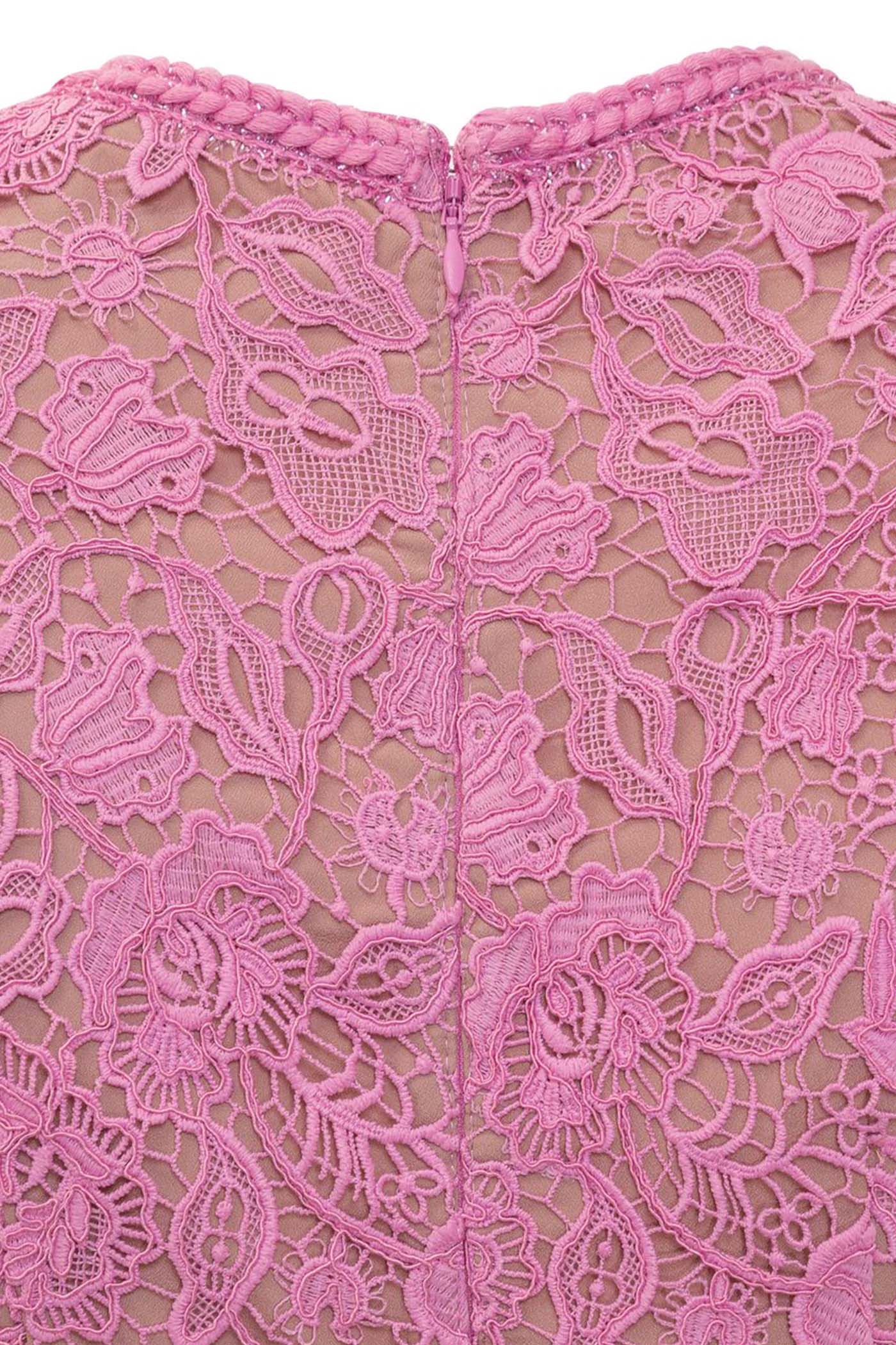Inês | Vestido Midi de Renda Floral com Cintura Franzida — Rosa