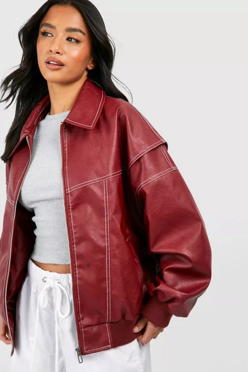 Liliana | Casaco Bomber de Couro Sintético Mulher Oversized Costuras Contraste