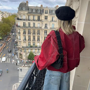 Liliana | Casaco Bomber de Couro Sintético Mulher Oversized Costuras Contraste