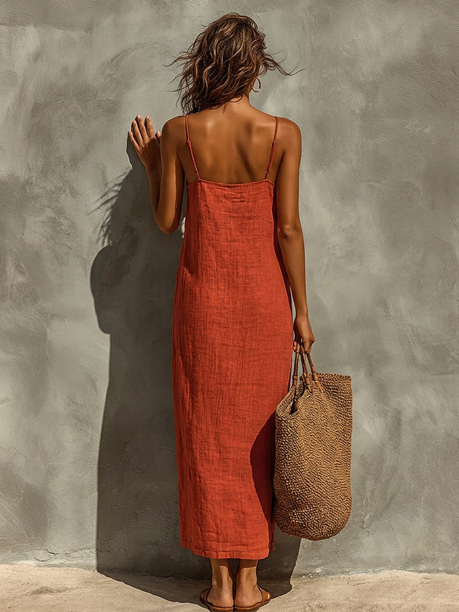 Vestido de Algodão com Alças Finas e Decote Quadrado, Estilo Boho-Resort Intemporal