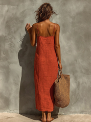 Vestido de Algodão com Alças Finas e Decote Quadrado, Estilo Boho-Resort Intemporal