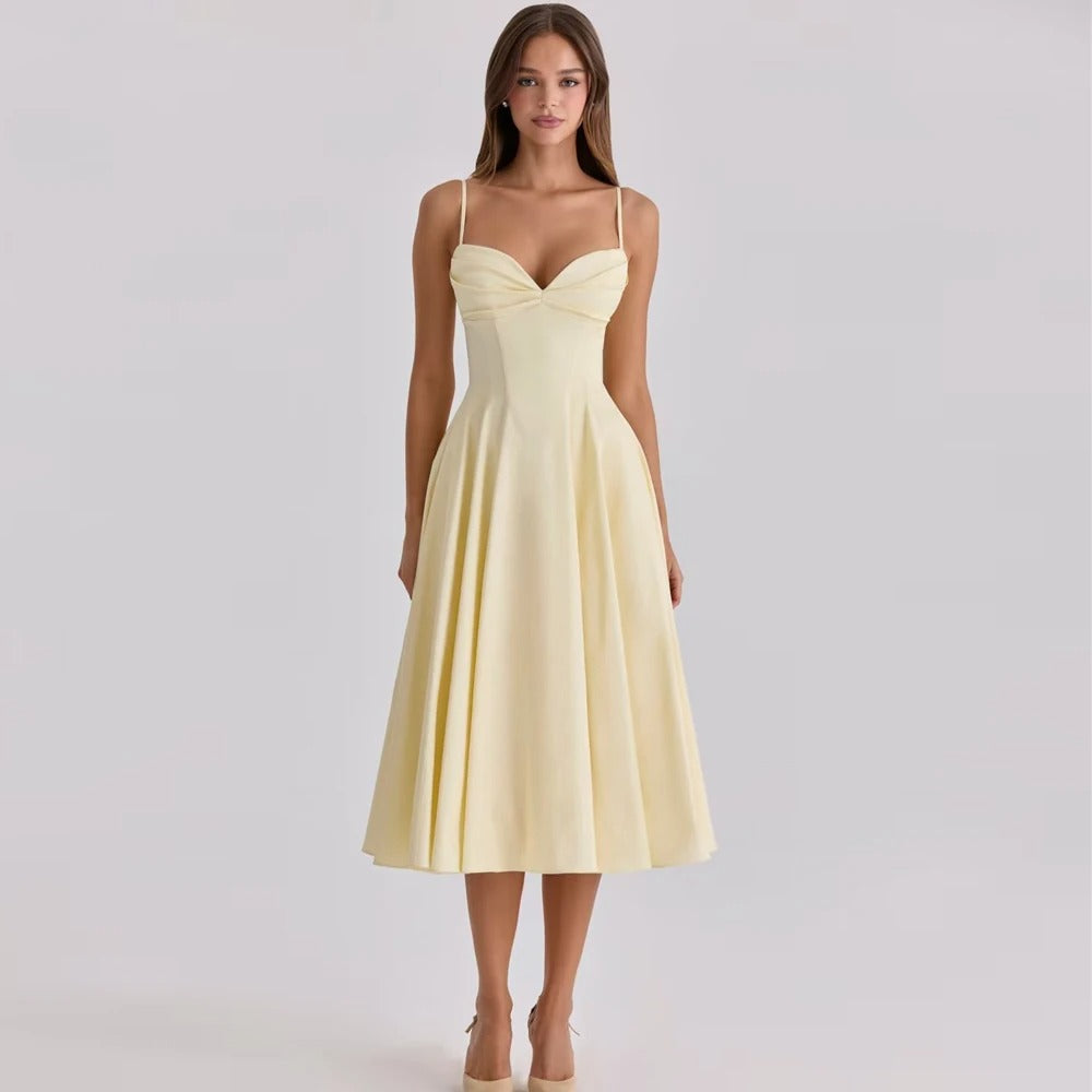 Amélie™ – Vestido Midi de Verão com Decote Coração, Drapeado e Corte Evasê
