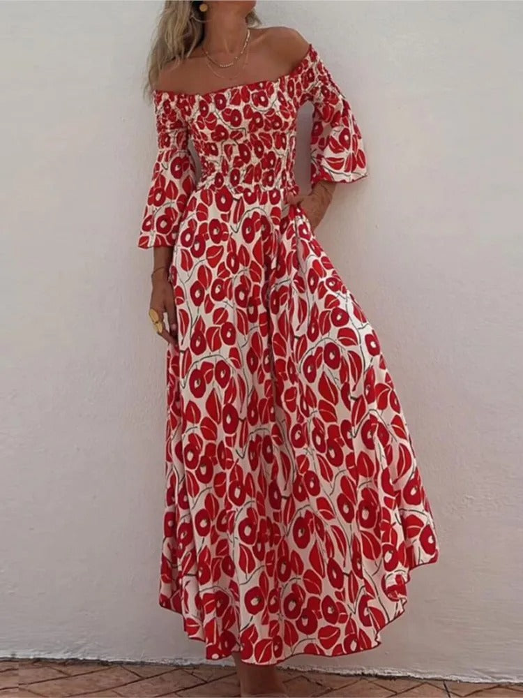 Vestido Maxi com Estampado Floral, Decote Ombros Descobertos e Bolsos
