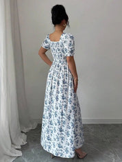 Inês | Vestido Longo Floral com Decote Quadrado e Mangas Bufantes
