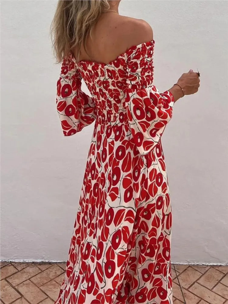 Vestido Maxi com Estampado Floral, Decote Ombros Descobertos e Bolsos