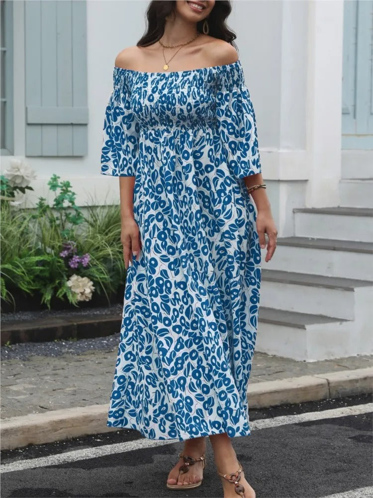 Vestido Maxi com Estampado Floral, Decote Ombros Descobertos e Bolsos