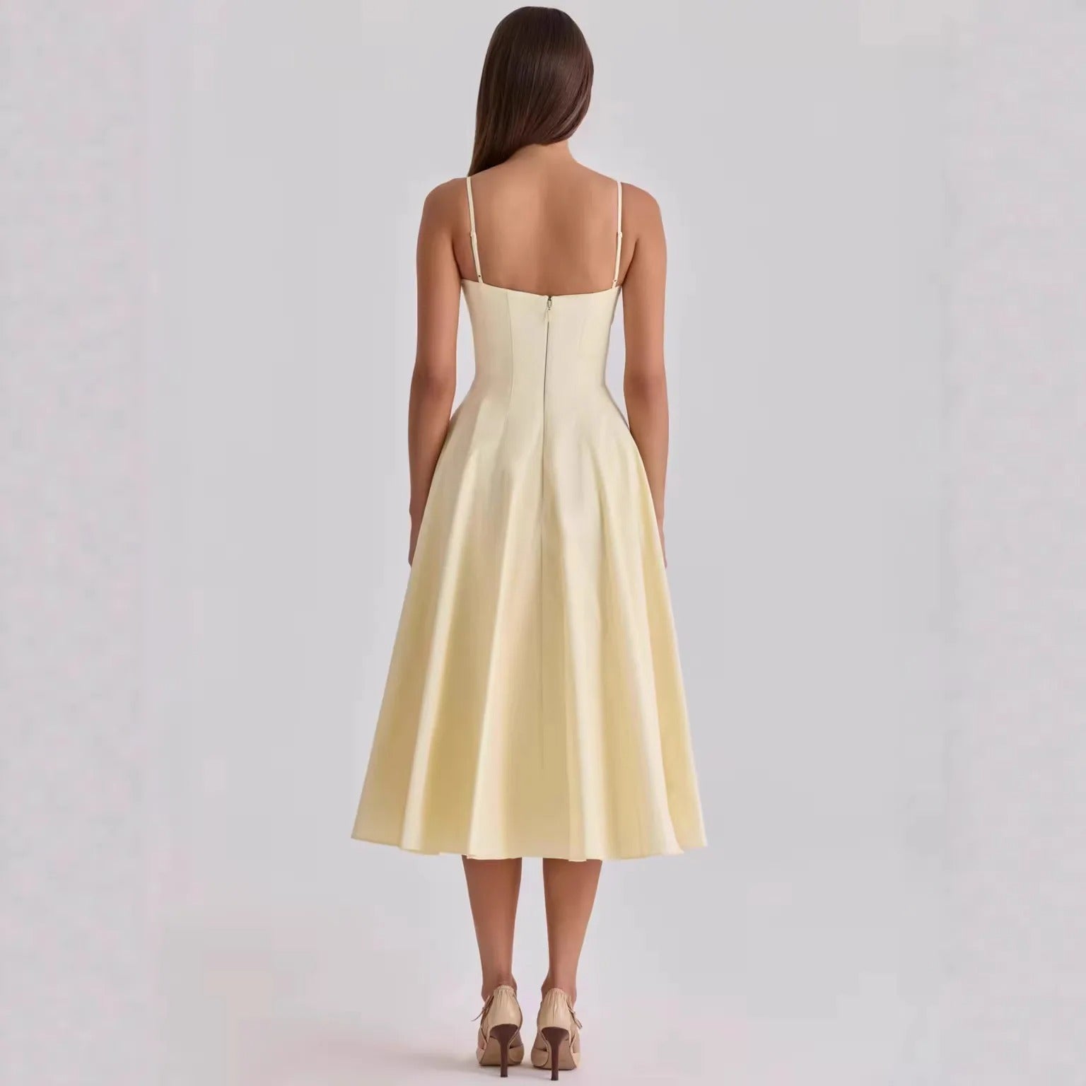 Amélie™ – Vestido Midi de Verão com Decote Coração, Drapeado e Corte Evasê