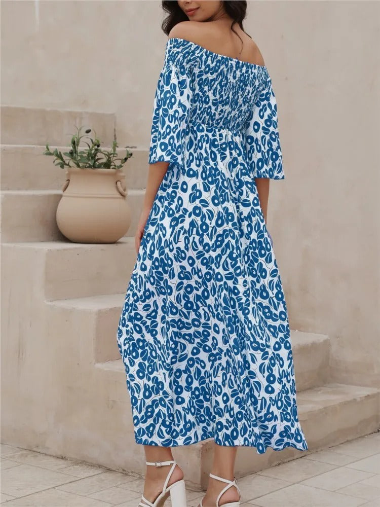 Vestido Maxi com Estampado Floral, Decote Ombros Descobertos e Bolsos