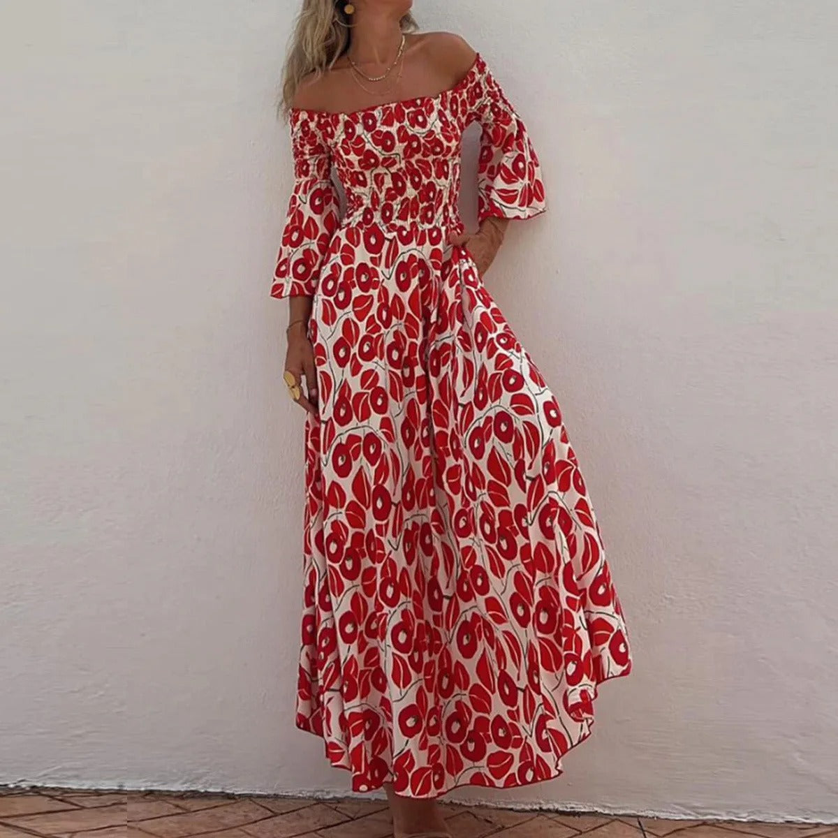 Vestido Maxi com Estampado Floral, Decote Ombros Descobertos e Bolsos