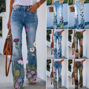 Margarida | Calças de Ganga Flare Estampado Floral Mulher Cintura Alta