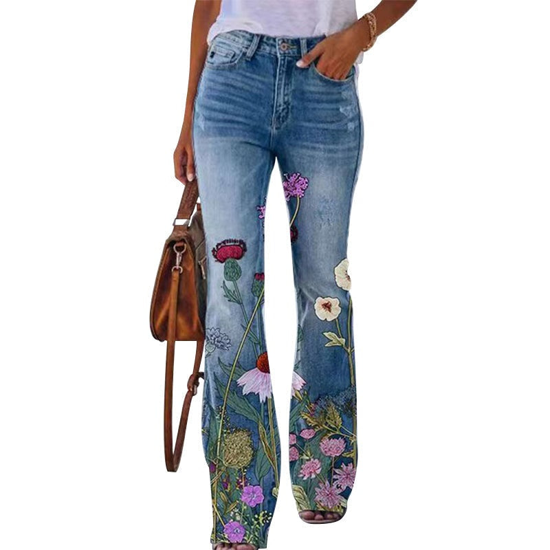 Margarida | Calças de Ganga Flare Estampado Floral Mulher Cintura Alta