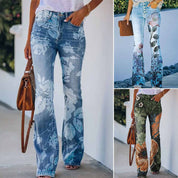 Margarida | Calças de Ganga Flare Estampado Floral Mulher Cintura Alta