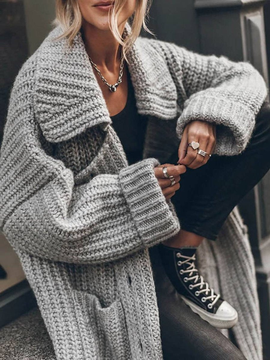 Mariana | Cardigan de Tricô Grosso Oversize Mulher Comprido com Bolsos