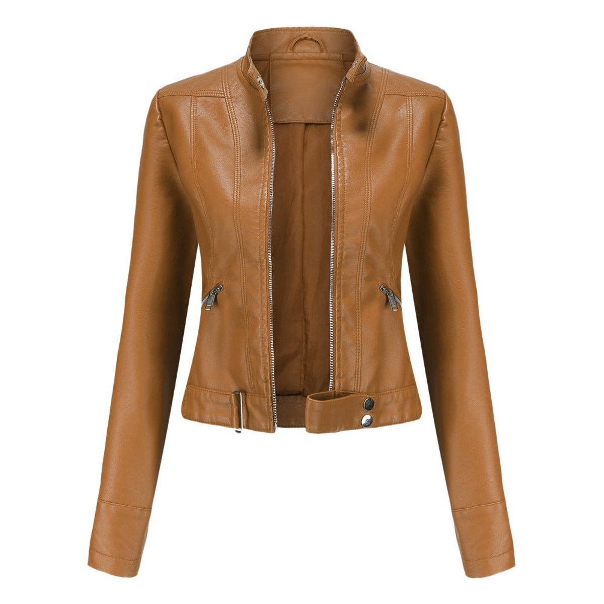 Marta | Casaco de Couro Sintético Mulher Biker Gola Alta com Fecho
