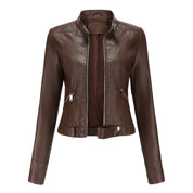 Marta | Casaco de Couro Sintético Mulher Biker Gola Alta com Fecho