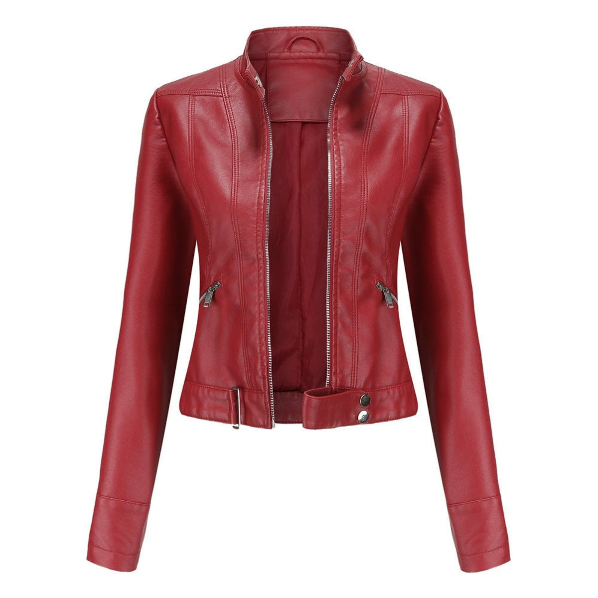 Marta | Casaco de Couro Sintético Mulher Biker Gola Alta com Fecho