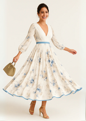 Henriqueta | Vestido Maxi Floral com Saia Plissada e Mangas Compridas