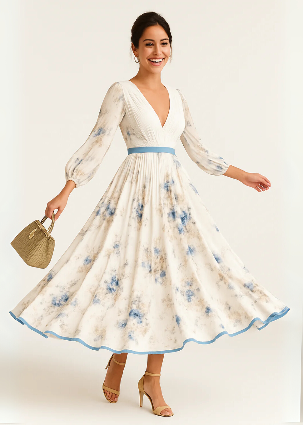 Henriqueta | Vestido Maxi Floral com Saia Plissada e Mangas Compridas