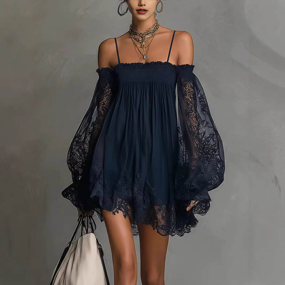 DINA - VESTIDO MINI COM OMBROS DESCUBERTOS EM RENDAS PARA MULHER