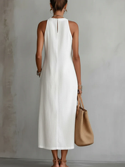 Beatriz | Vestido Midi em Linho com Renda e Colarinho Alto