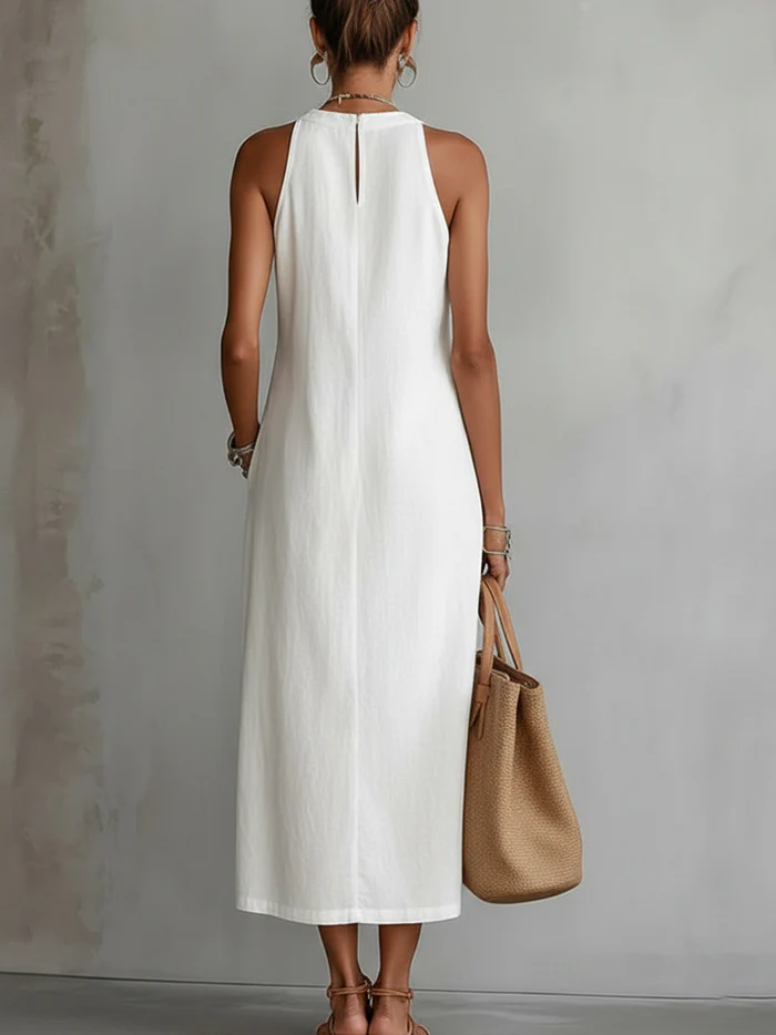 Beatriz | Vestido Midi em Linho com Renda e Colarinho Alto