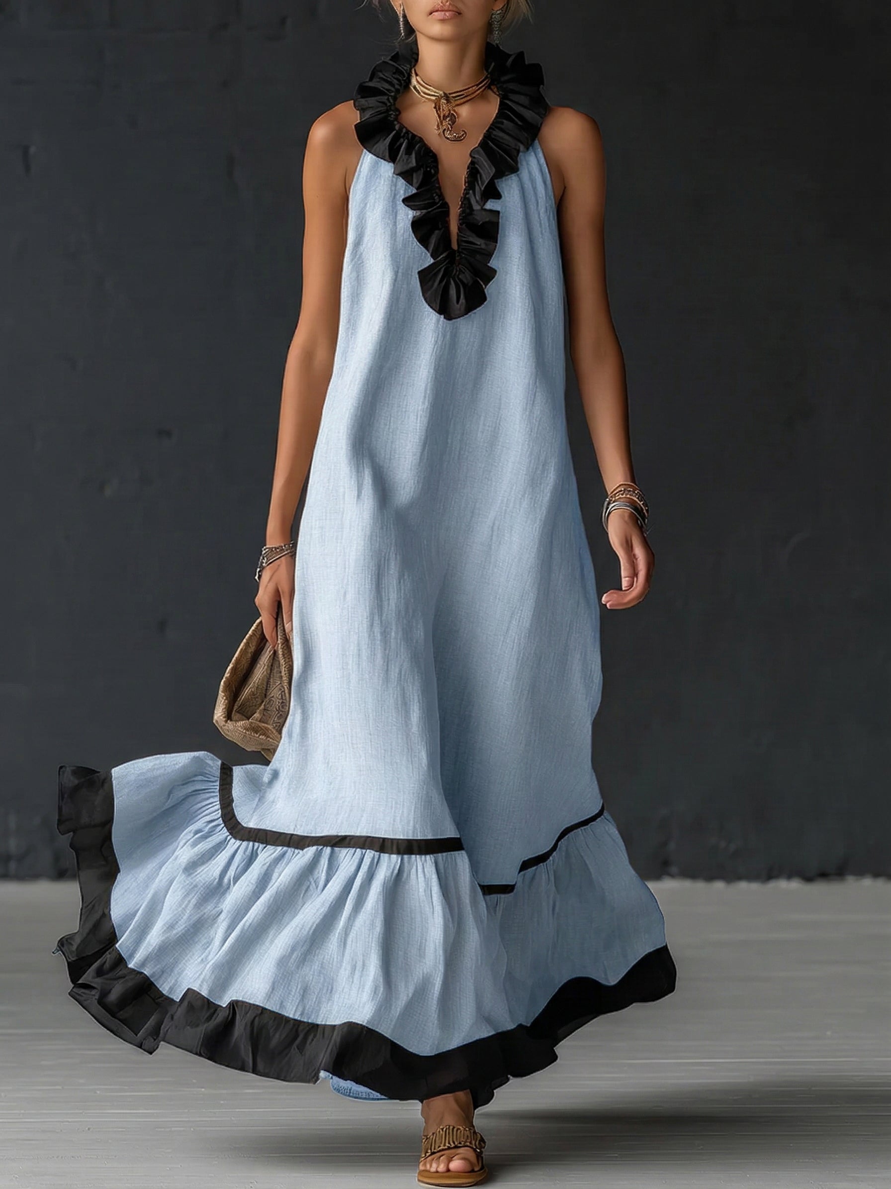 Sofia | Vestido Maxi com Folhos e Detalhe Bicolor