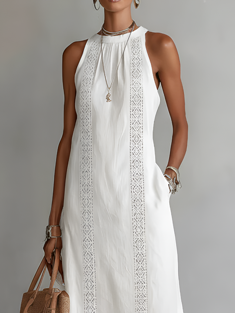 Leonor | Vestido Midi em Linho com Gola Mao