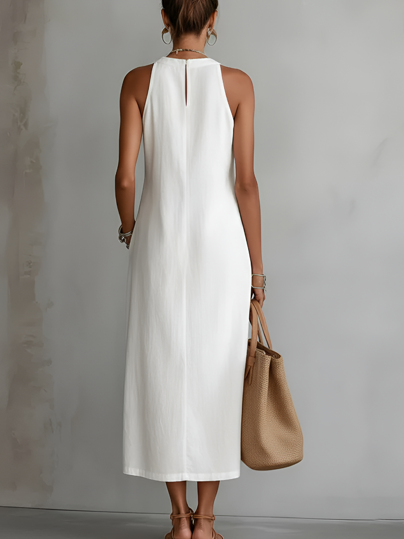 Leonor | Vestido Midi em Linho com Gola Mao