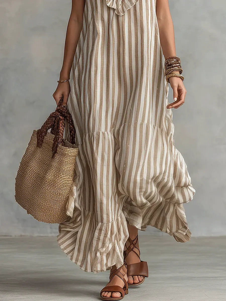 Isabel | Vestido em Algodão com Riscas e Folhos no Decote