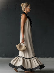 Sofia | Vestido Maxi com Folhos e Detalhe Bicolor