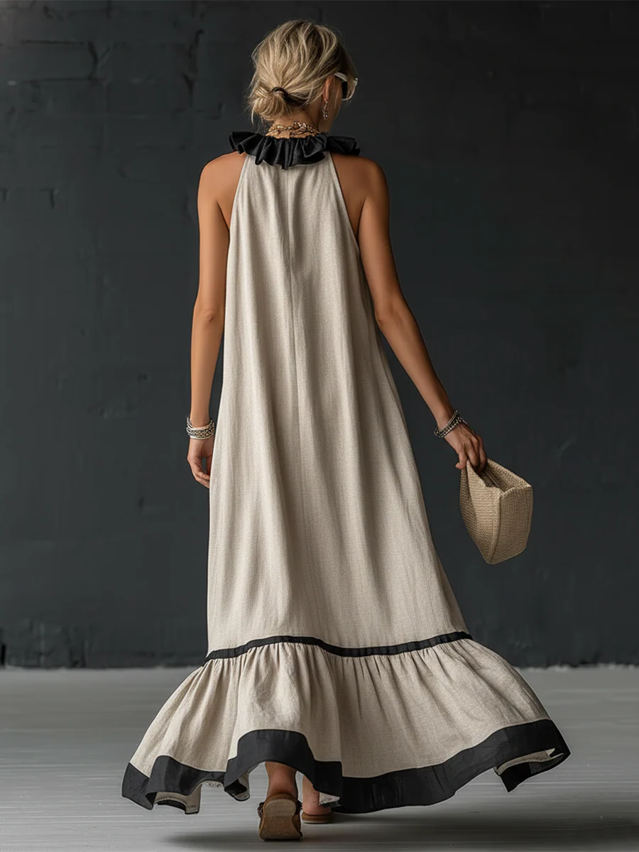 Sofia | Vestido Maxi com Folhos e Detalhe Bicolor